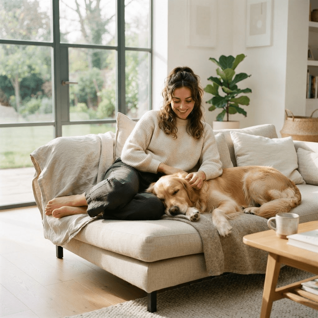 Relaxed pet owner with healthy dog on couch
